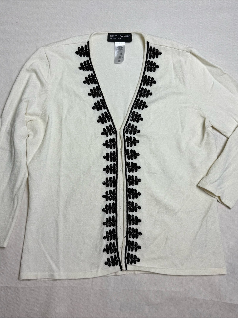 Jones New York White Cardigan with Black Embroidered Trim
